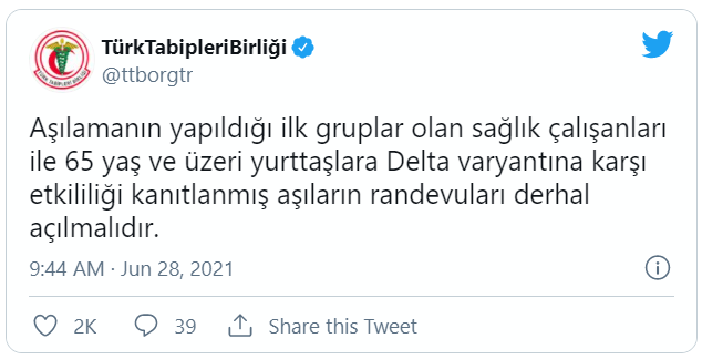 TTB’den Delta önerisi: Sağlıkçılar ve 65 yaş üstü yeniden aşılansın