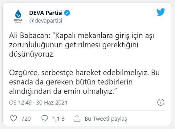 DEVA Partisi lideri Babacan: Kapalı mekanlara giriş için aşı zorunluluğu getirilmeli