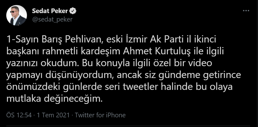 Sedat Peker: Yüksek mevkideki bürokratların ve siyasilerin kurtarılabilmesi için eski AK Parti İzmir il ikinci başkanı Ahmet Kurtuluş'u öldürttüler