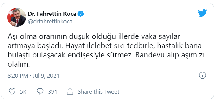 Sağlık Bakanı Koca'dan uyarı: Aşı olma oranının düşük olduğu illerde vaka sayıları artmaya başladı