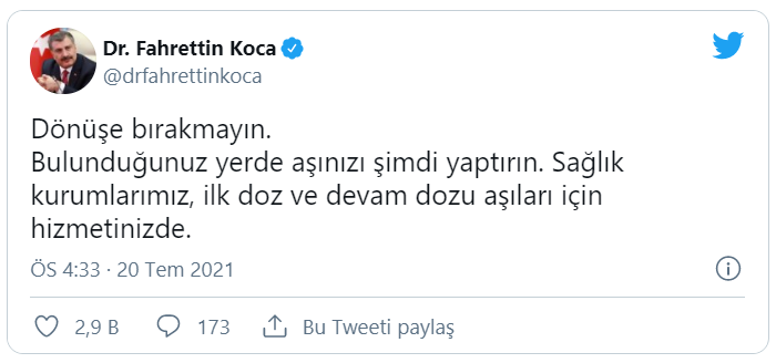 Bakan Koca: Dönüşe bırakmayın, bulunduğunuz yerde aşınızı şimdi yaptırın
