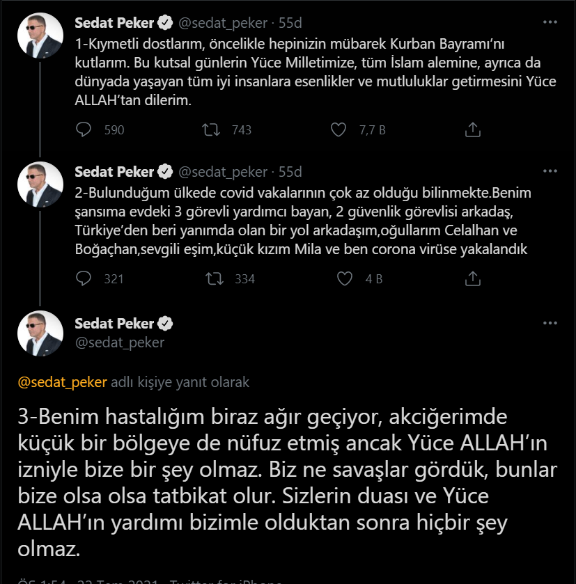 Sedat Peker, ailesiyle birlikte koronavirüse yakalandığını duyurdu: 'Hastalığım biraz ağır geçiyor'