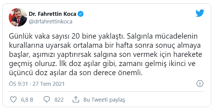 Sağlık Bakanı Koca, 20 bine yaklaşan vaka sayılarına dikkati çekip, aşı çağrısında bulundu
