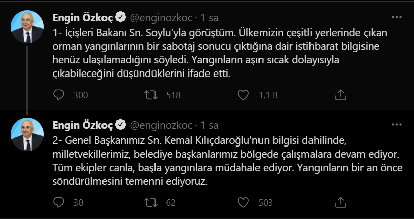 CHP'li Özkoç: Soylu ile görüştüm, yangınların sabotaj sonucu çıktığına dair istihbarat bilgisine ulaşılamadığını söyledi