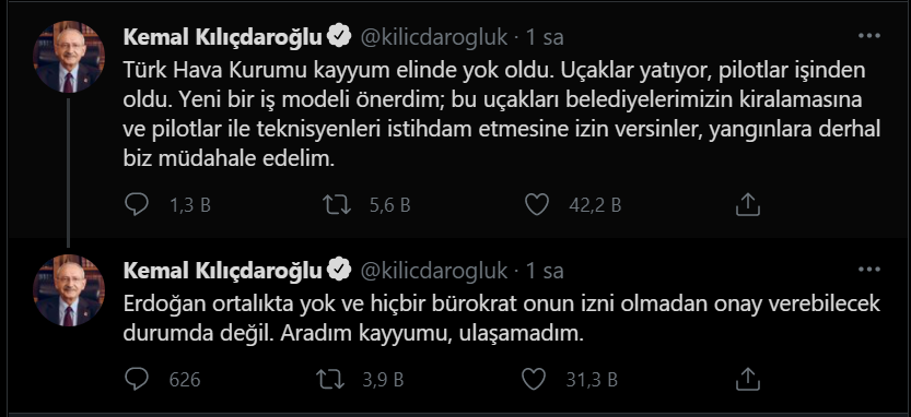Kılıçdaroğlu: İzin versinler, yangınlara derhal biz müdahale edelim