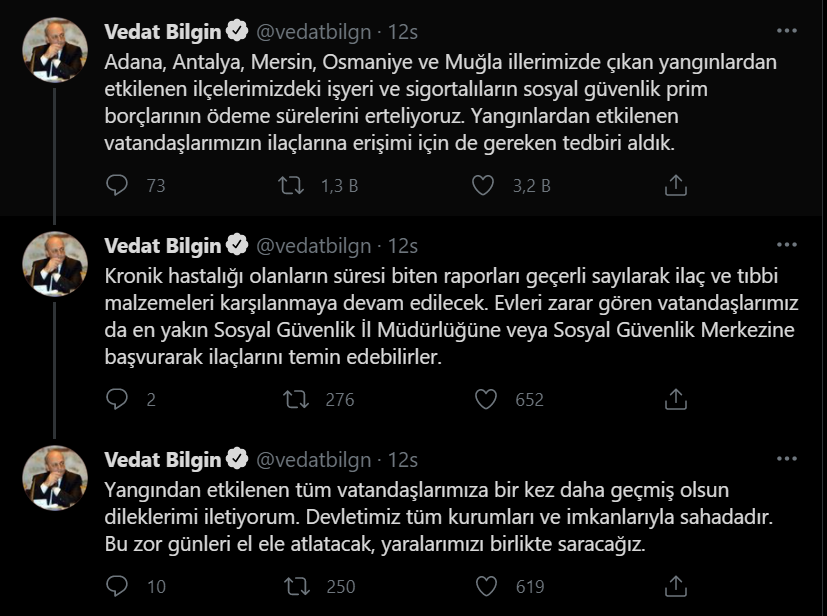 Bakan Bilgin: Orman yangınlarından etkilenen ilçelerde SGK prim borcu ödemeleri erteleniyor