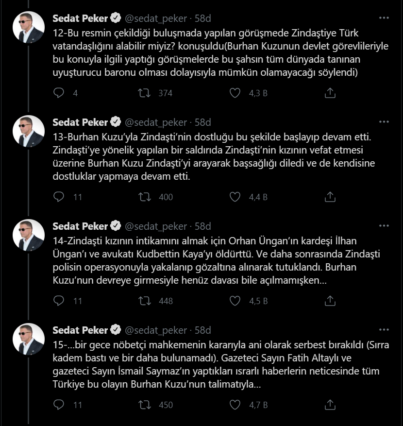 Sedat Peker'den yeni iddialar: Zindaşti, Burhan Kuzu, Ümitcan Uygun, Aleyna Çakır...