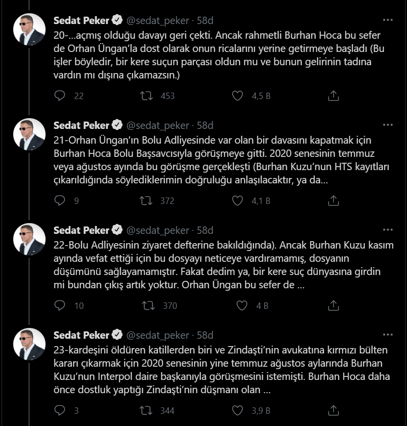 Sedat Peker'den yeni iddialar: Zindaşti, Burhan Kuzu, Ümitcan Uygun, Aleyna Çakır...