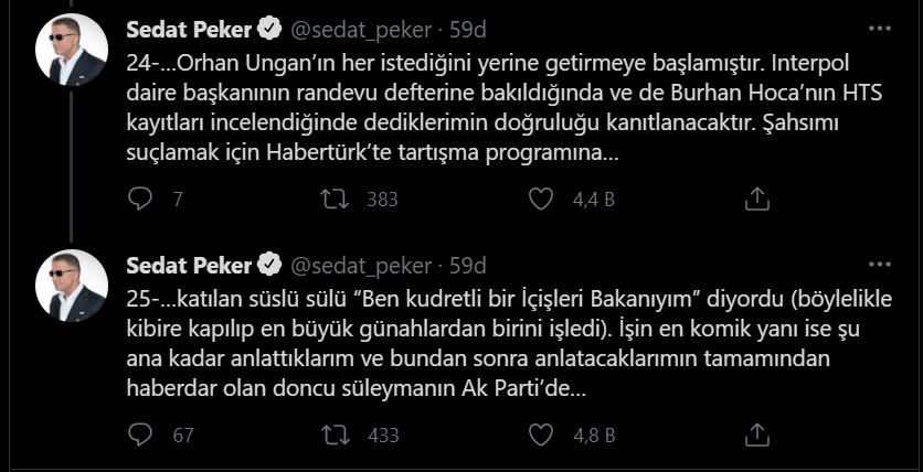 Sedat Peker'den yeni iddialar: Zindaşti, Burhan Kuzu, Ümitcan Uygun, Aleyna Çakır...