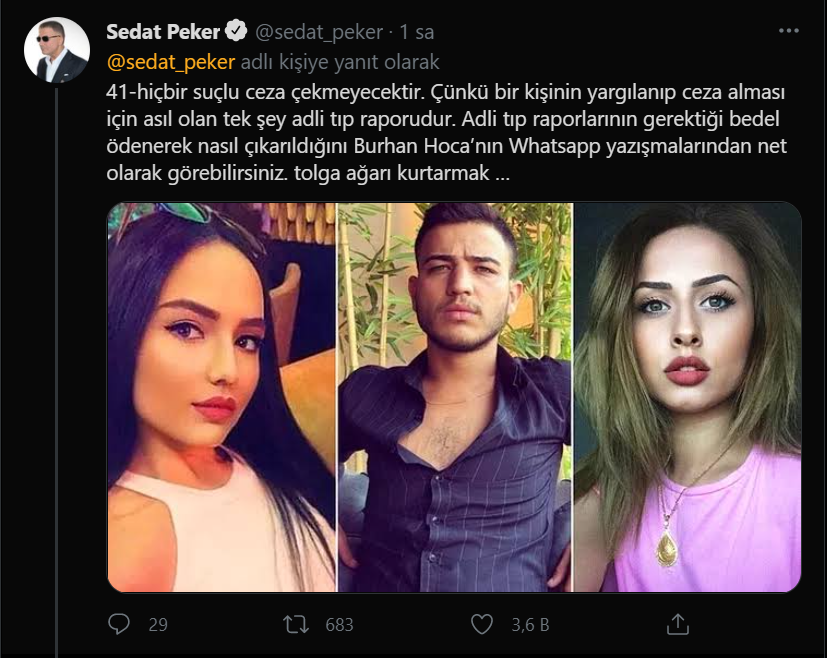 Sedat Peker'den yeni iddialar: Zindaşti, Burhan Kuzu, Ümitcan Uygun, Aleyna Çakır...