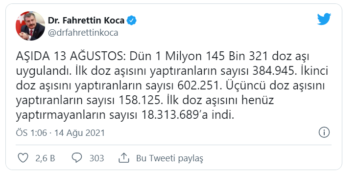 Sağlık Bakanı Koca: İlk doz aşısını yaptırmayanların sayısı 18 milyon 313 bine indi