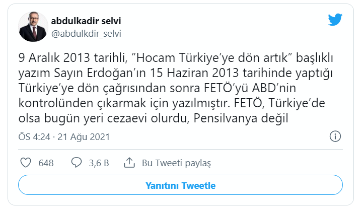 Hürriyet yazarı Abdulkadir Selvi’den “Hocam Türkiye’ye dön artık” yazısı hakkında açıklama