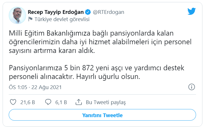 Erdoğan açıkladı: MEB’e bağlı pansiyonlarda personel sayısı artacak