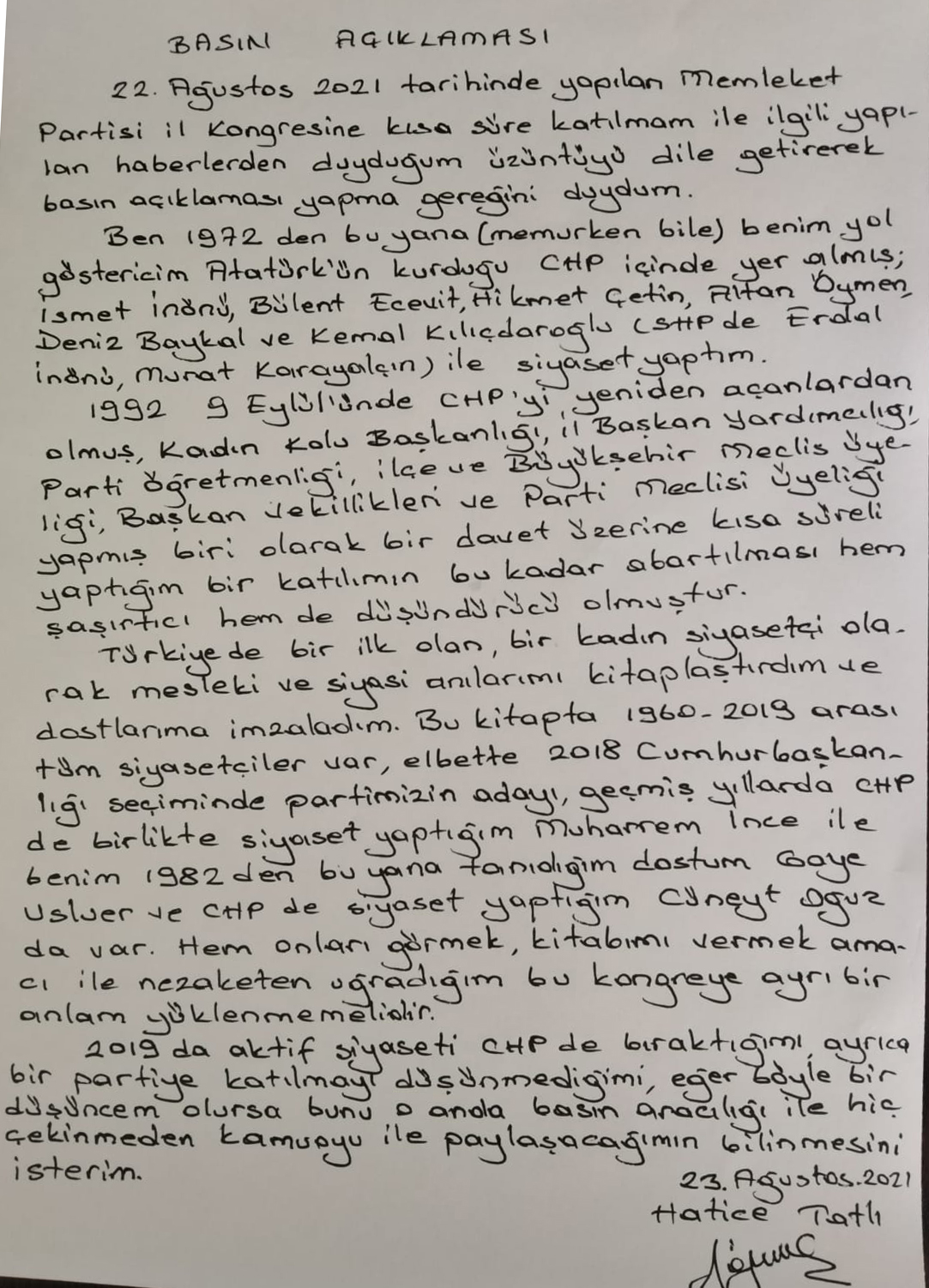 Hatice Tatlı, “CHP’de siyaseti bıraktım, herhangi bir partiye geçmeyi düşünmüyorum”