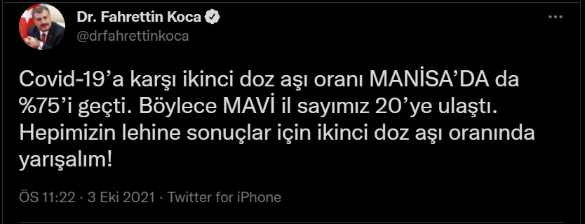 İki doz aşıda mavi kategorideki il sayısı 20'ye yükseldi