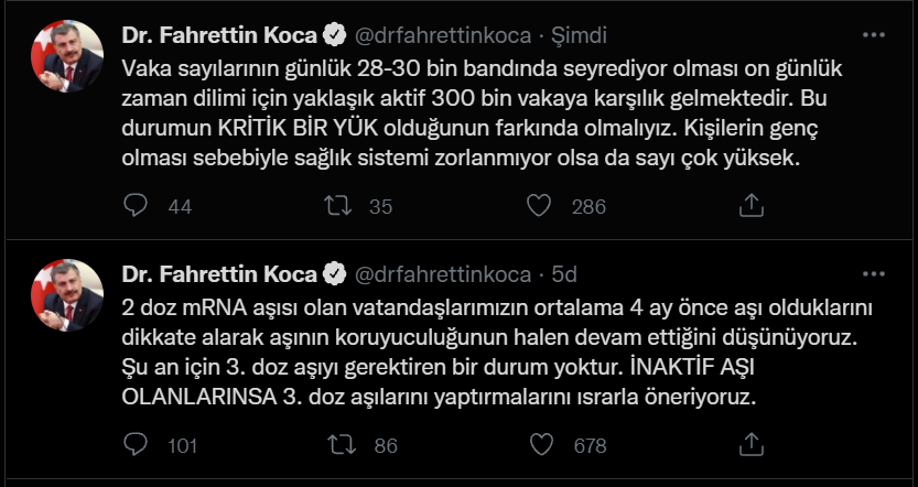 Sağlık Bakanı: 2 doz mRNA aşısı olanlar için 3. doz aşıyı gerektiren bir durum yok