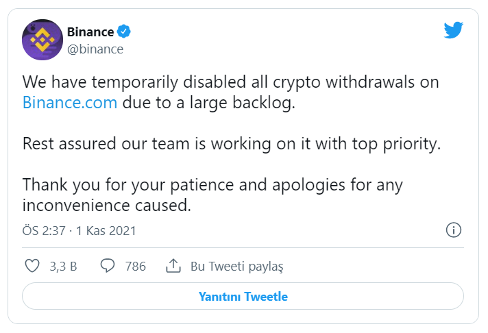 Binance, tüm para çekme işlemlerini geçici olarak durdurdu