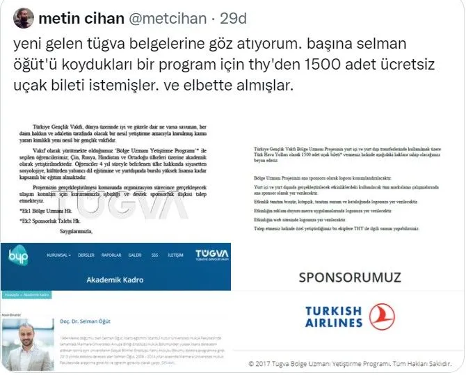 TÜGVA, Selman Öğüt için THY'den 1500 bilet almış