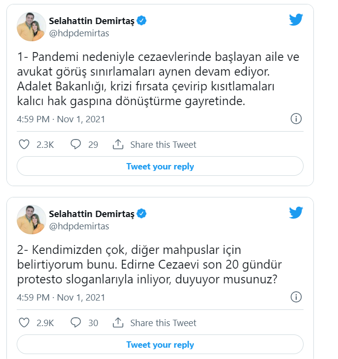 Demirtaş: Edirne Cezaevi 20 gündür protestolarla inliyor, duyuyor musunuz?