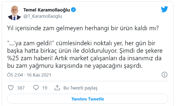 Karamollaoğlu'ndan şeker zammı tepkisi: Zam gelmeyen ürün kaldı mı?
