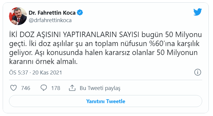 İki doz aşı uygulanan kişi sayısı 50 milyonu geçti