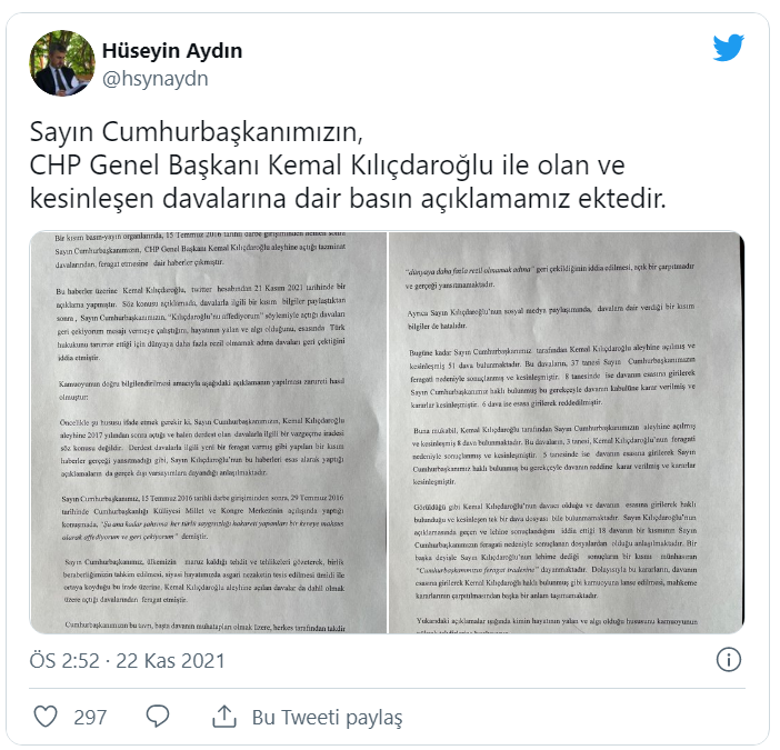 Erdoğan'ın avukatı Aydın: Kılıçdaroğlu aleyhine 2017’den sonra açılan davalardan vazgeçilmedi