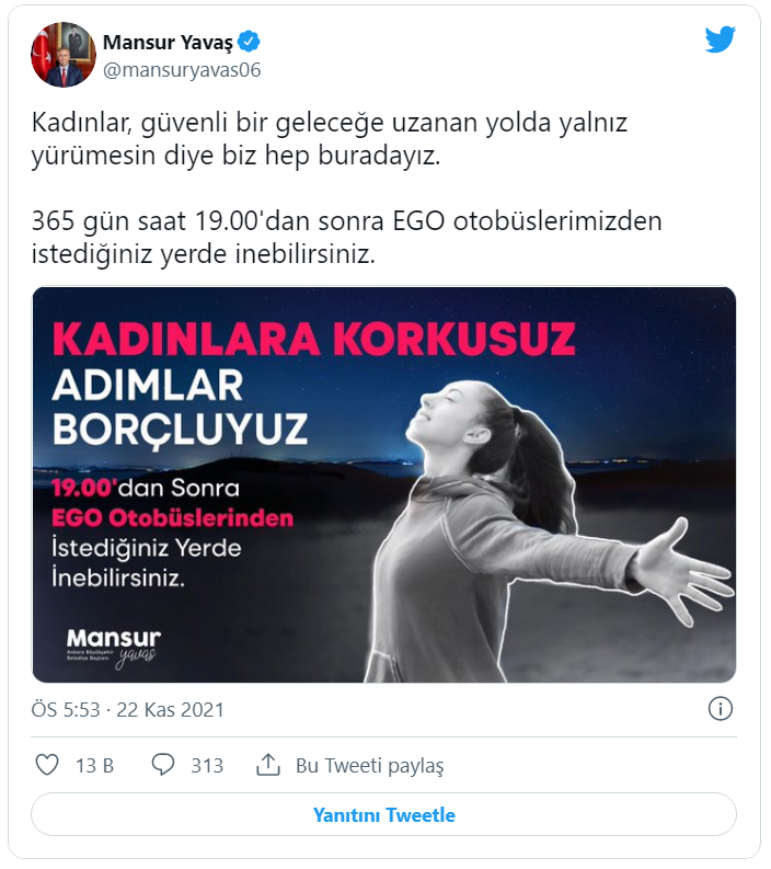 Mansur Yavaş: Saat 19:00'dan sonra Ankara EGO otobüslerine binen kadınlar istediği yerde inebilecek