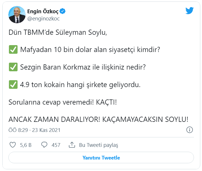 Özkoç'tan, Süleyman Soylu'ya tepki: Zaman daralıyor, kaçamayacaksın