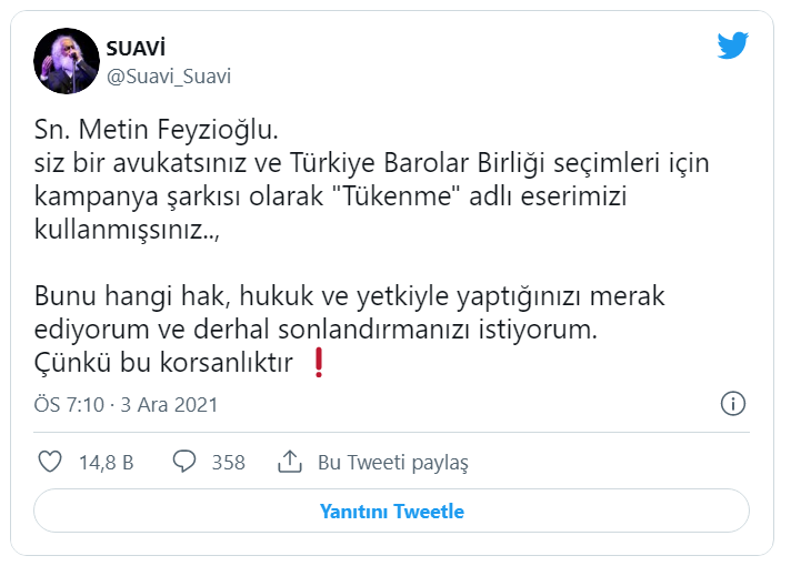 Suavi’den TBB Başkanı Feyzioğlu’na şarkı tepkisi: Bu korsanlıktır