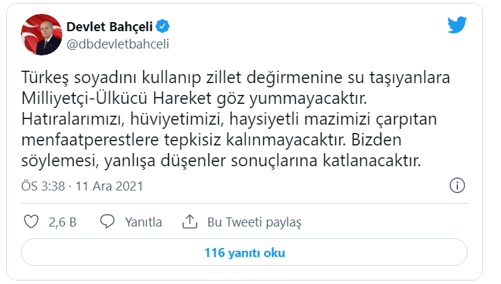 Bahçeli: Hoşgörü dönemi kapanmıştır, merhum Türkeş Bey’in istismarına müsaade edilmeyecektir