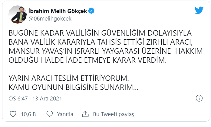 Melih Gökçek zırhlı aracı belediyeye teslim etti