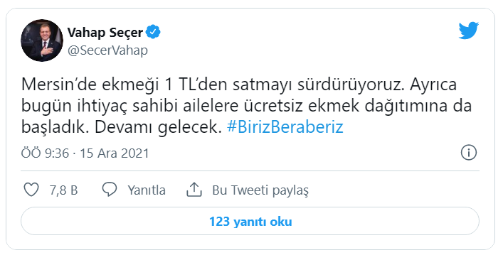 Mersin Büyükşehir Belediye Başkanı: Ekmek 1 lira, ihtiyaç sahiplerine ücretsiz