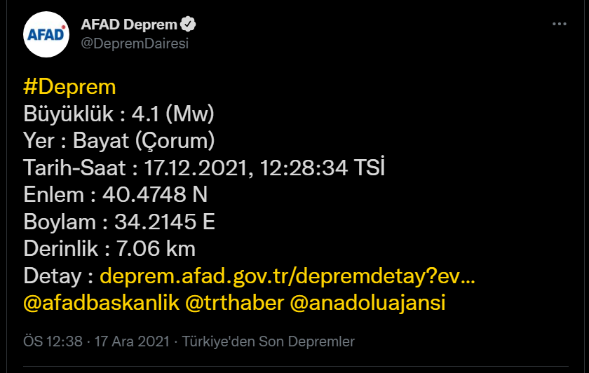 Çorum'da 4.1 büyüklüğünde deprem!