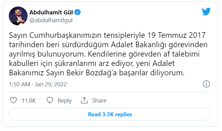 Adalet Bakanı Abdulhamit Gül istifa etti: Yerine Bekir Bozdağ atandı