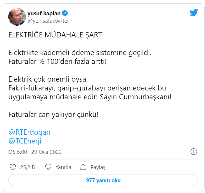 Yeni Şafak yazarı Kaplan: Elektriğe müdahale şart, faturalar yüzde 100'den fazla arttı