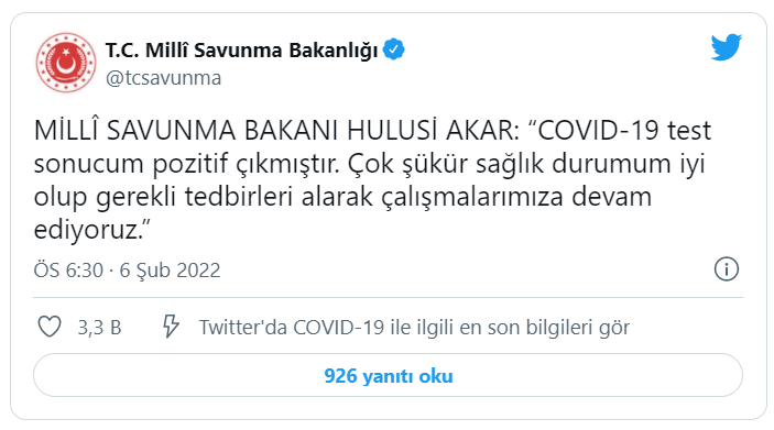 Milli Savunma Bakanı Akar koronavirüse yakalandı