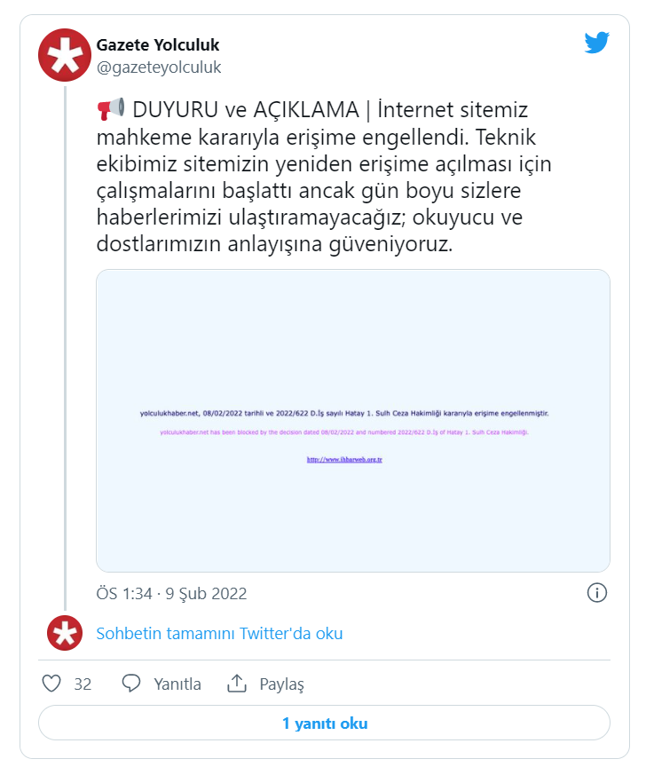 Gazete Yolculuk mahkeme kararıyla erişime engellendi