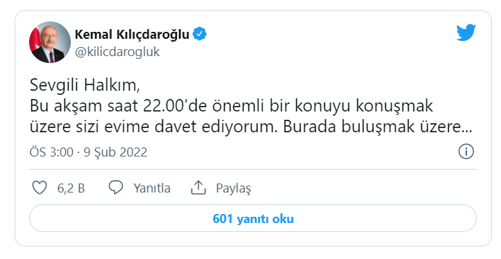 Kılıçdaroğlu: Bu akşam 22.00'de önemli bir konuyu konuşmak üzere sizi evime davet ediyorum