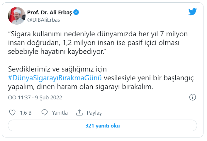 Diyanet İşleri Başkanı Erbaş: Dinen haram olan sigarayı bırakalım, yeni bir başlangıç yapalım