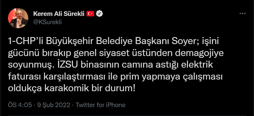 Başkan Sürekli’den, Tunç Soyer’e elektrik cevabı ‘’İzmir, kendisinden; belediyeyi doğru yönetmesini bekliyor, algı oluşturmasını değil!’’