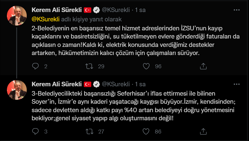 Başkan Sürekli’den, Tunç Soyer’e elektrik cevabı ‘’İzmir, kendisinden; belediyeyi doğru yönetmesini bekliyor, algı oluşturmasını değil!’’