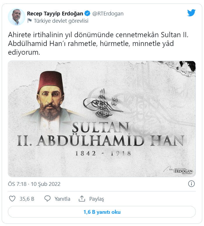 Cumhurbaşkanı Erdoğan'dan 'Sultan II. Abdülhamid Han' paylaşımı