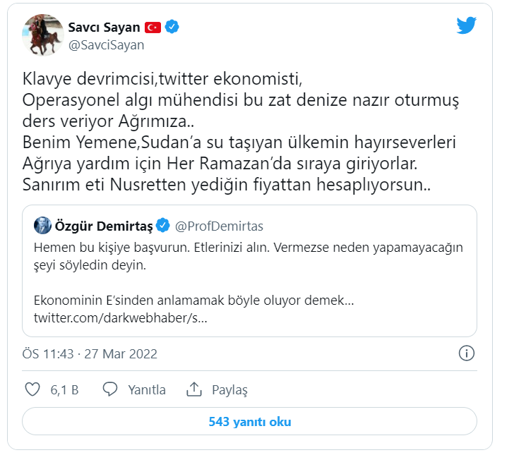 Özgür Demirtaş’tan 'her aileye 2 kilo et' tepkisi: Ekonominin e'sinden anlamamak...