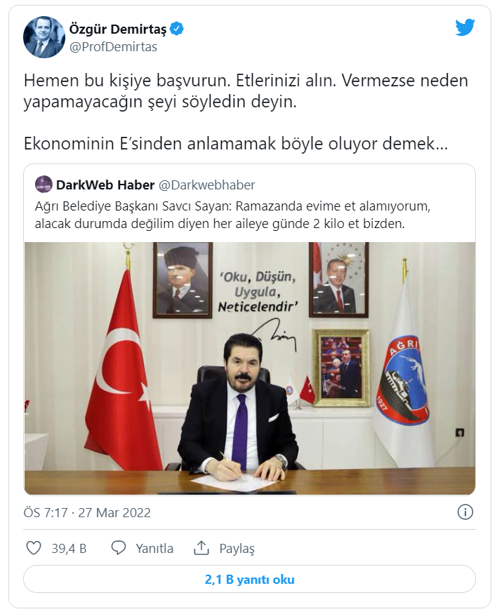 Özgür Demirtaş’tan 'her aileye 2 kilo et' tepkisi: Ekonominin e'sinden anlamamak...