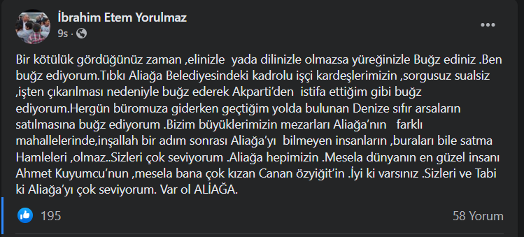 AK Partili Yorulmaz, "Aliağa'da yaşananlara buğz ediyorum" dedi istifasını açıkladı
