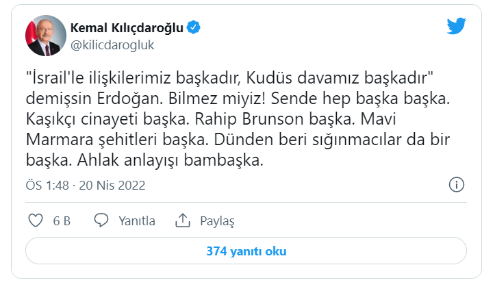 Kılıçdaroğlu'ndan Erdoğan'ın İsrail sözüne yorum: 'Bilmez miyiz! Sende hep başka başka'