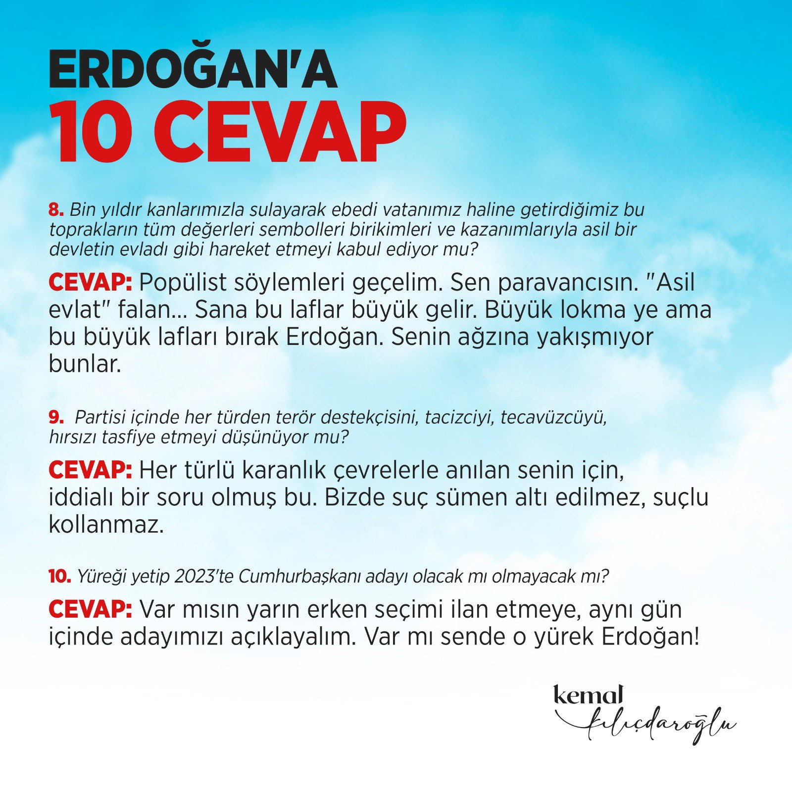 O sorulara cevap veren Kılıçdaroğlu, Erdoğan’a meydan okudu: “Saat 23’te ben de sorularımı soracağım, bakalım yanıt verecek yüreğin var mı”