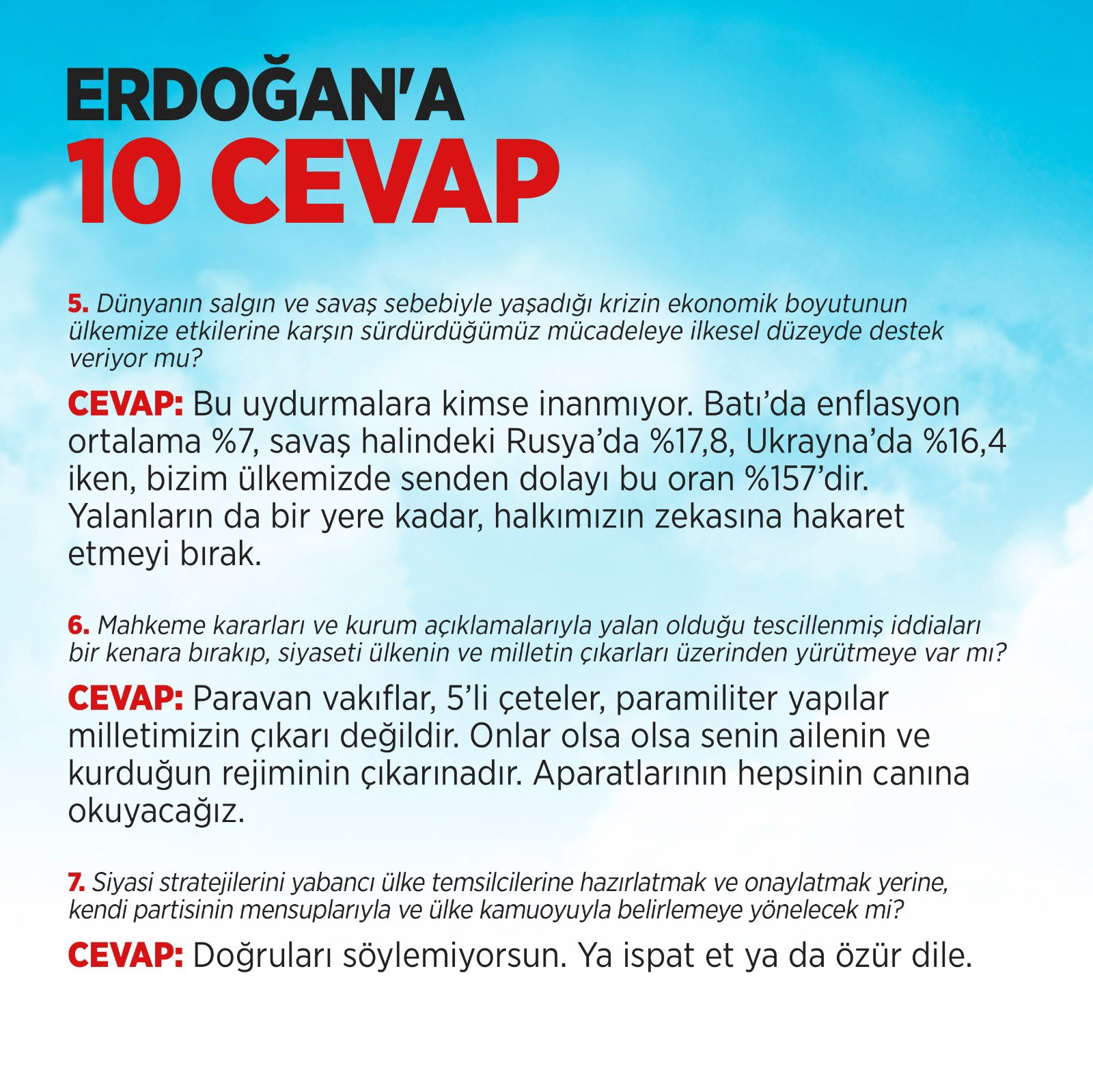 O sorulara cevap veren Kılıçdaroğlu, Erdoğan’a meydan okudu: “Saat 23’te ben de sorularımı soracağım, bakalım yanıt verecek yüreğin var mı”