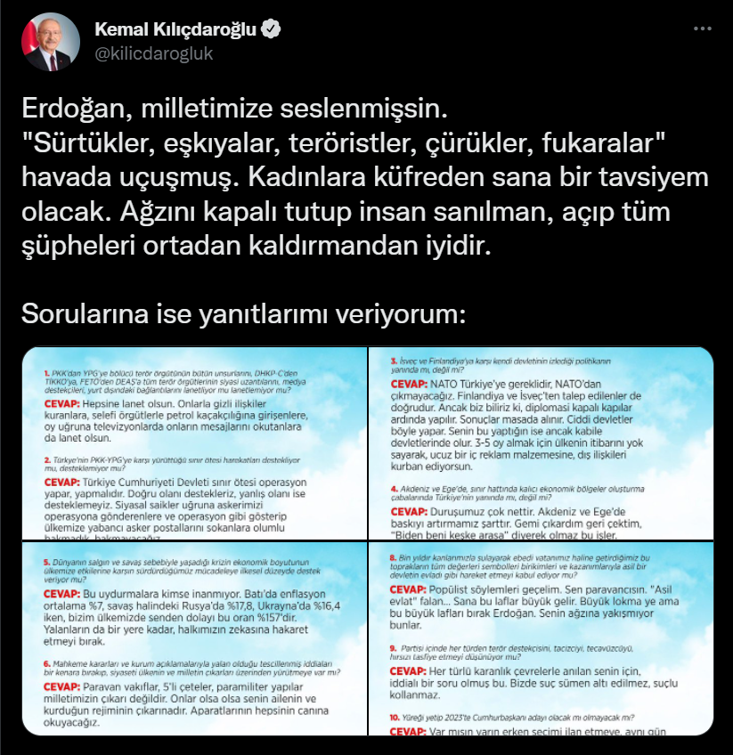 O sorulara cevap veren Kılıçdaroğlu, Erdoğan’a meydan okudu: “Saat 23’te ben de sorularımı soracağım, bakalım yanıt verecek yüreğin var mı”