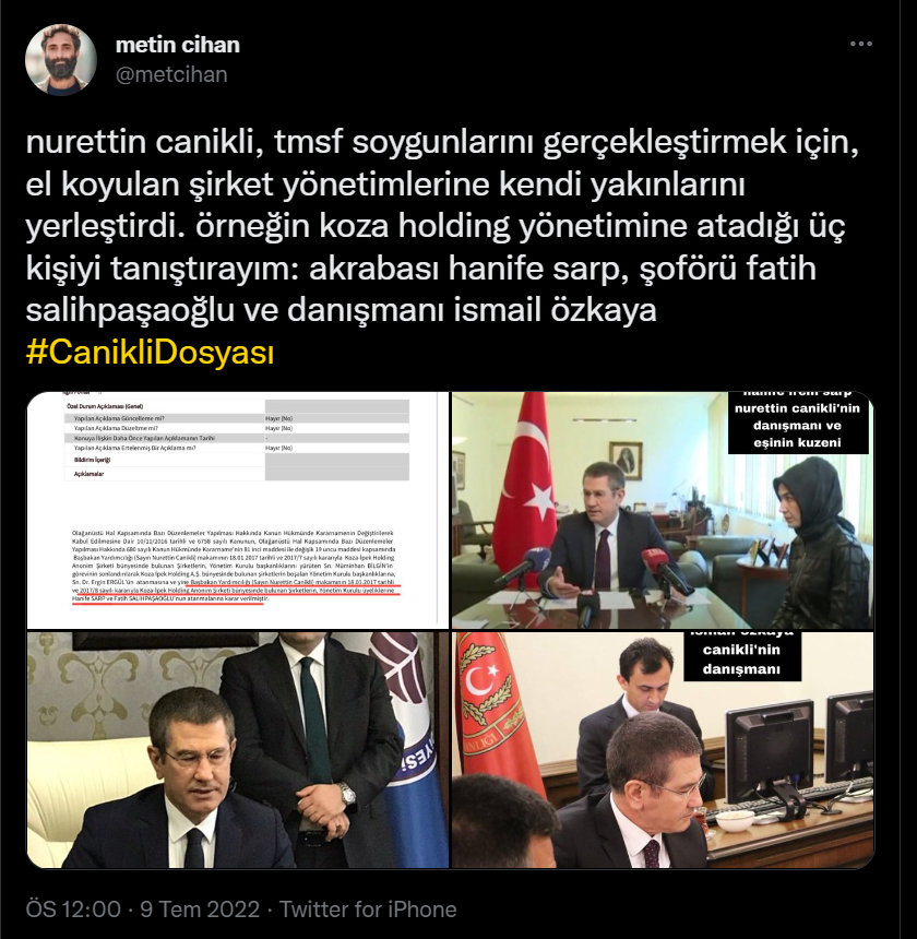 Yolsuzluğun belgeleri: AK Partili Canikli, Koza Holding yönetimine danışmanını ve şoförünü atamış